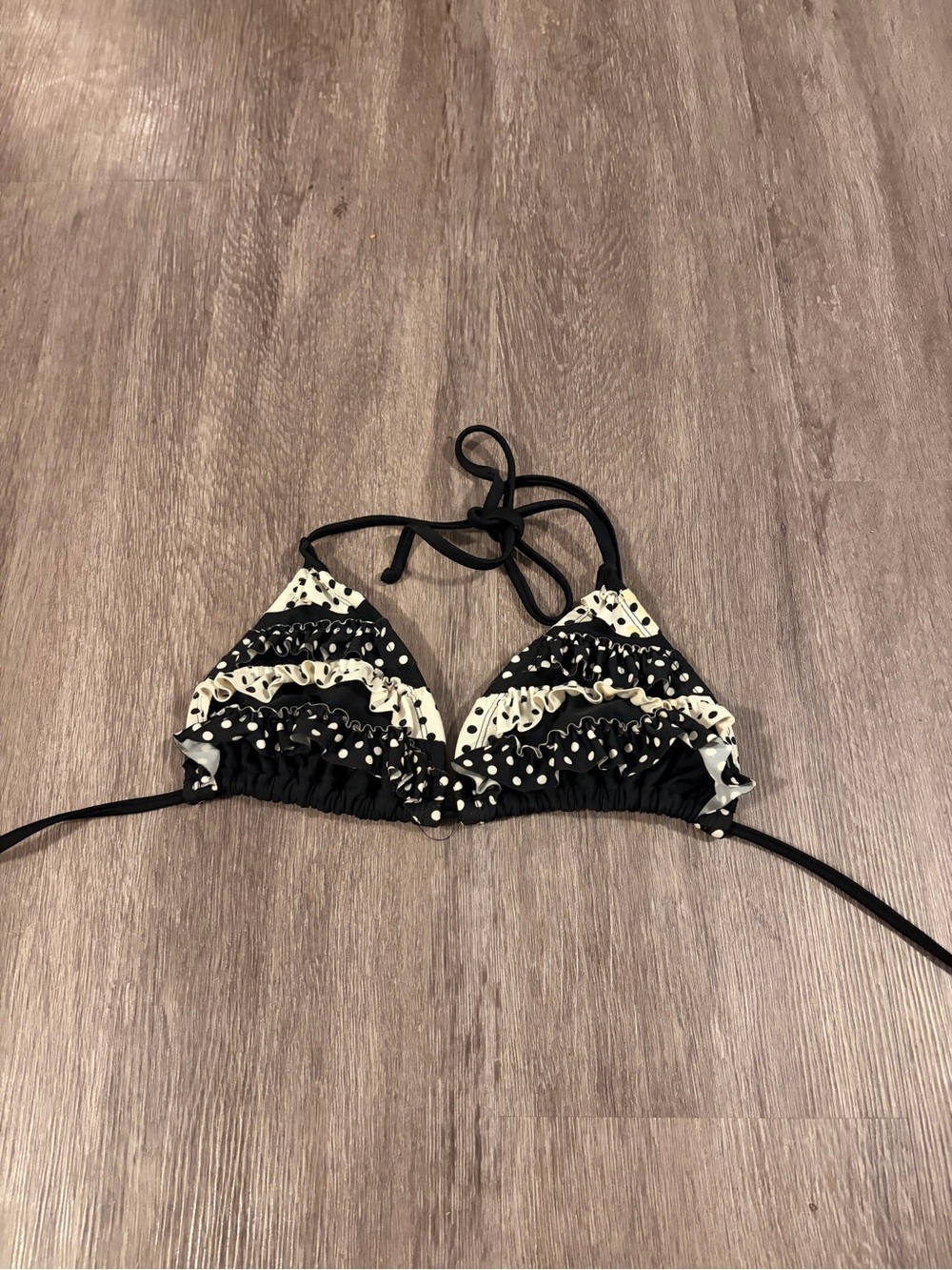 Black & Cream Polka Dot Ruffle Triangle Bikini Top - Women Swim